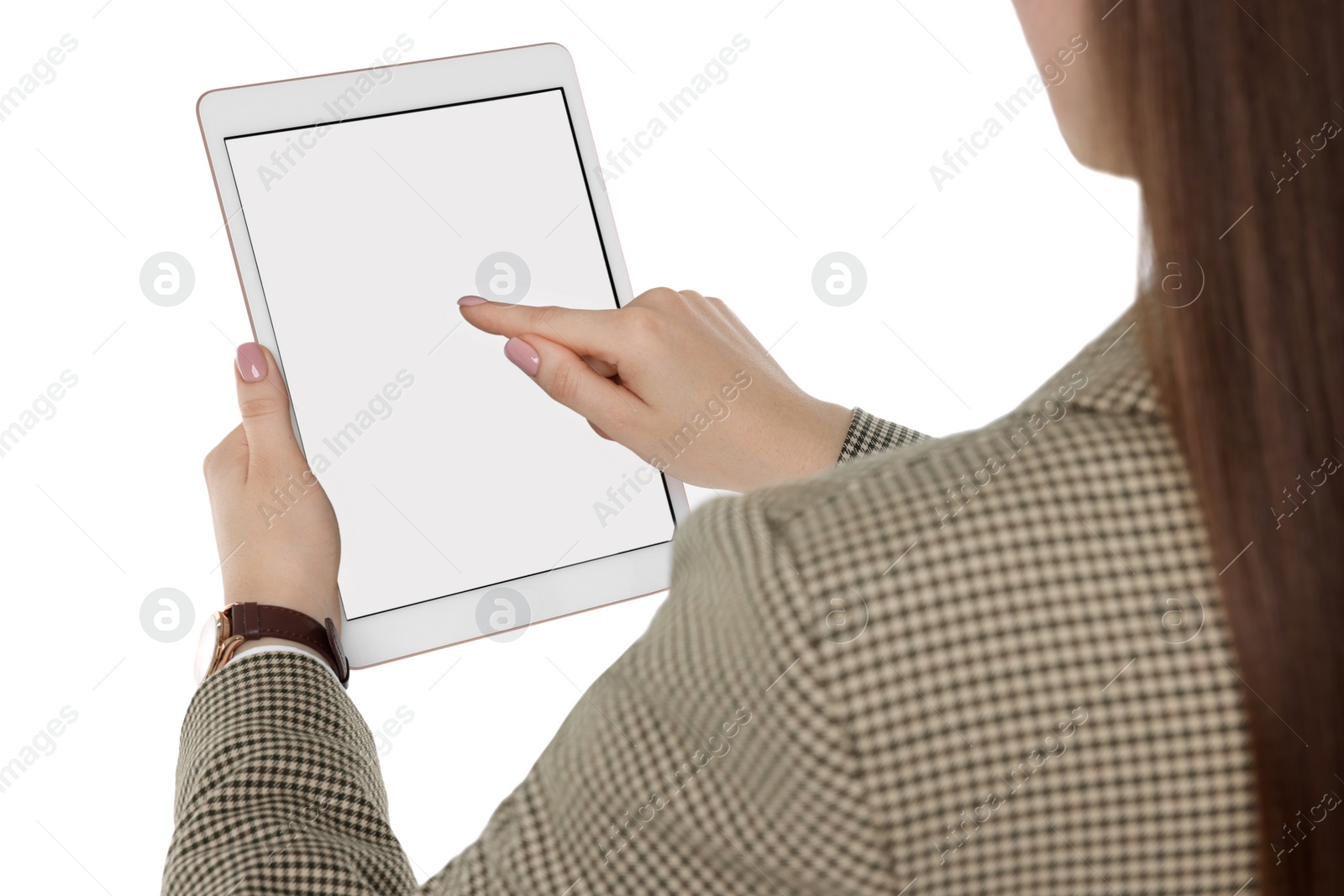 Photo of Woman using tablet with blank screen on white background, closeup. Mockup for design