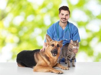 Image of Veterinarian doc with dog and cat against blurred green background