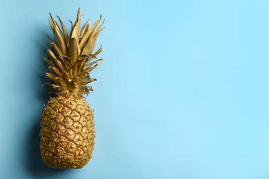 Top view of painted golden pineapple on light blue background, space for text. Creative concept