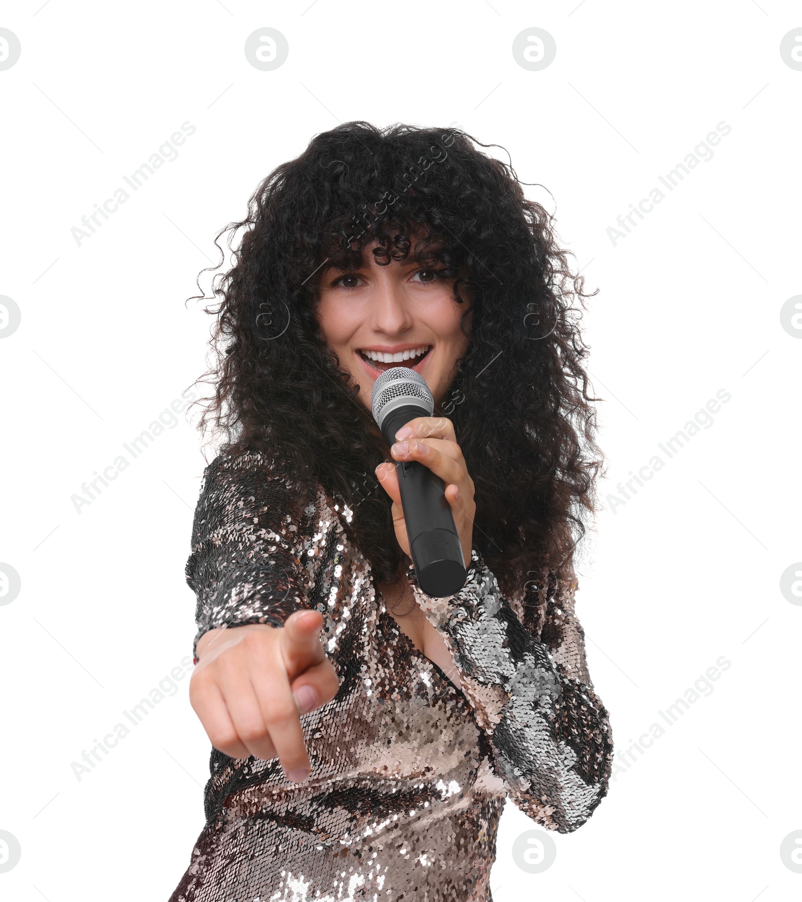 Photo of Beautiful young woman with microphone singing on white background