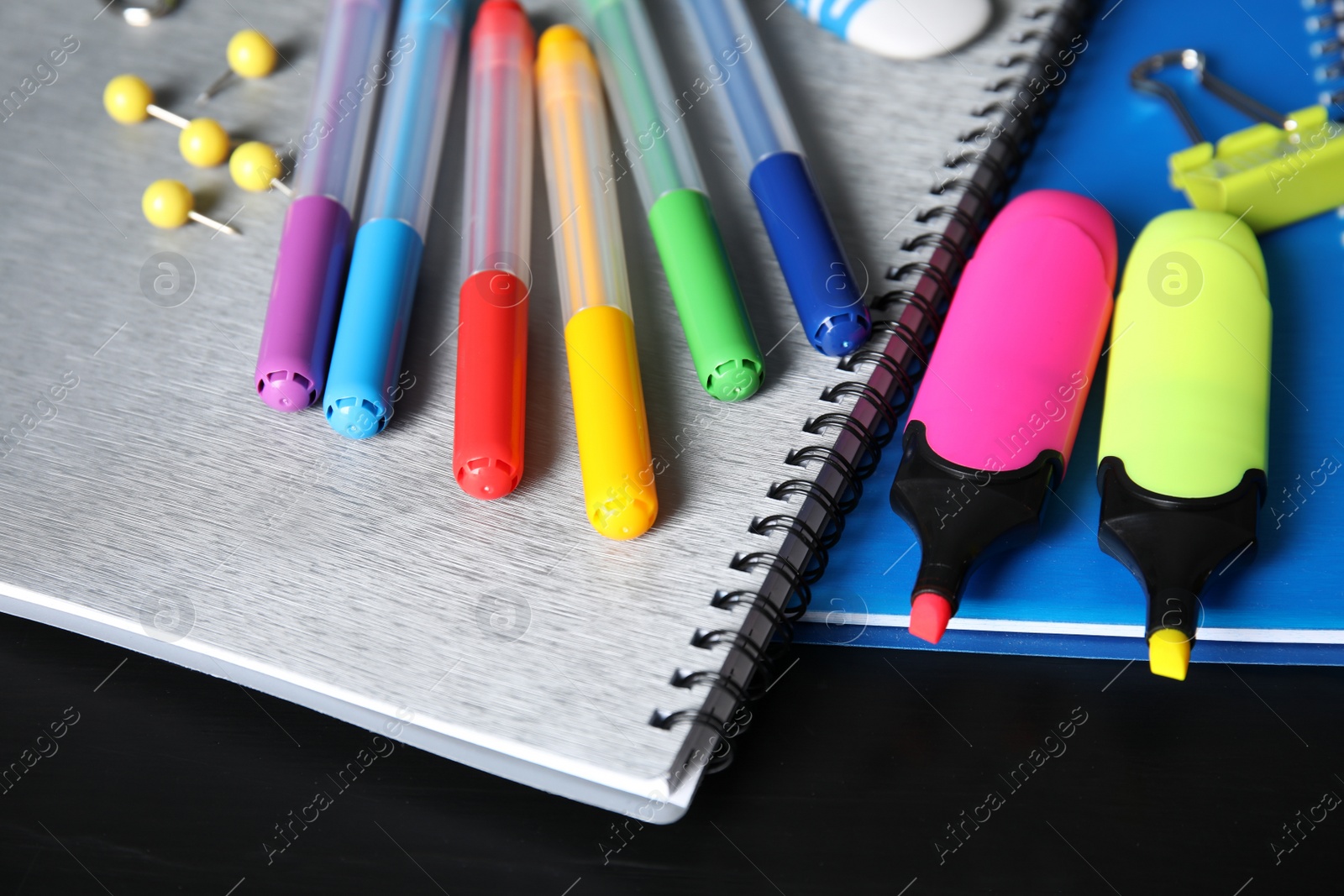 Photo of Different stationery on table, closeup. Back to school