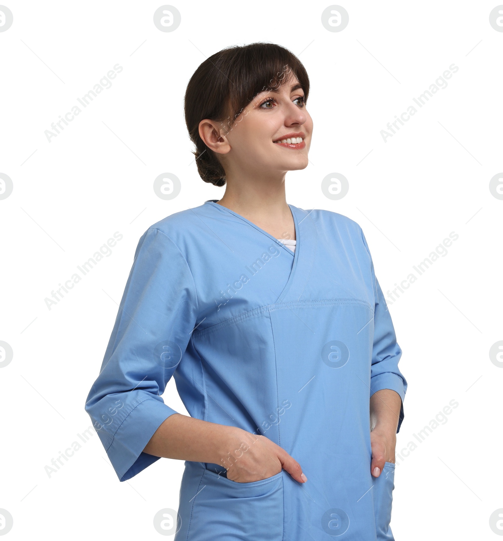 Photo of Portrait of smiling medical assistant on white background