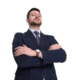 Handsome bearded businessman in suit on white background, low angle view