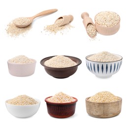 Image of Set of dry barley groats on white background