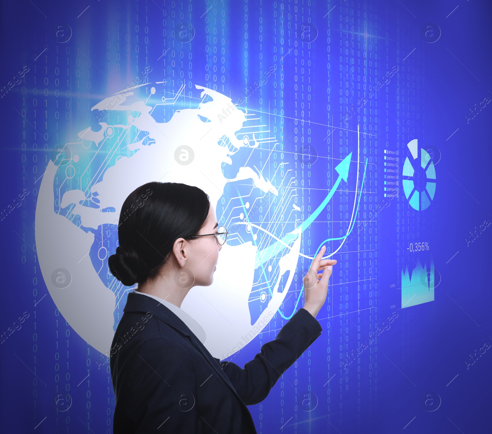 Image of Young woman using virtual screen with world globe and charts. Finance trading concept 
