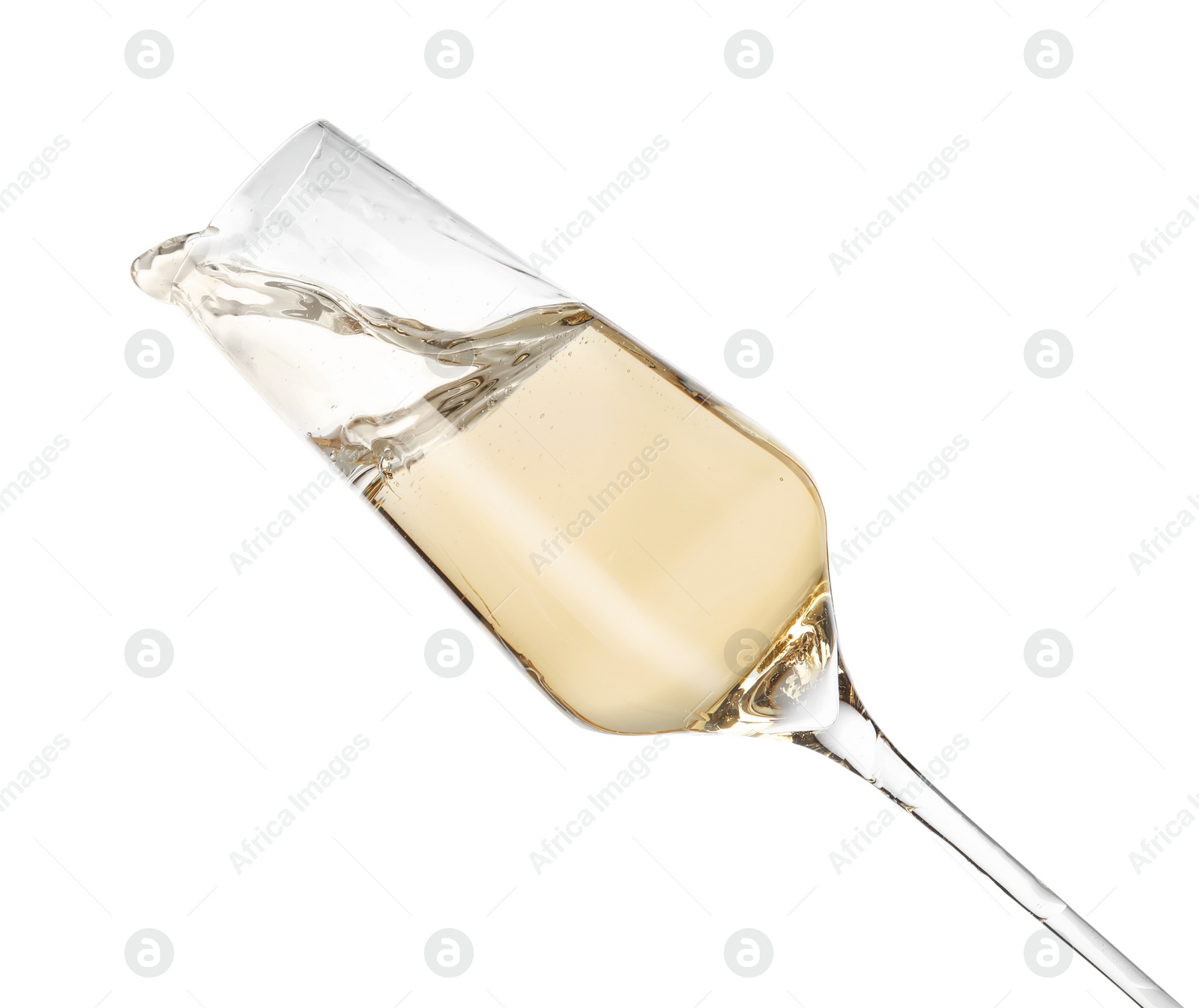 Photo of Glass of champagne on white background. Festive drink