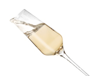 Photo of Glass of champagne on white background. Festive drink