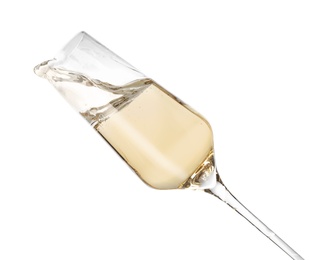 Glass of champagne on white background. Festive drink