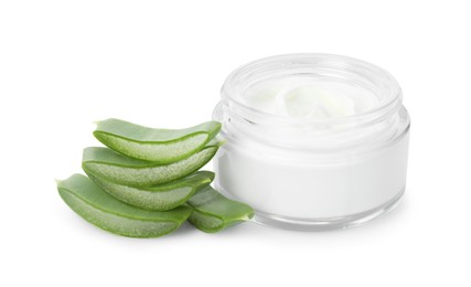 Jar of natural cream and cut aloe leaves isolated on white