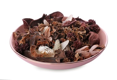 Photo of Aromatic potpourri of dried flowers in bowl on white background