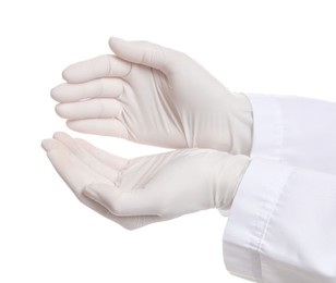 Photo of Doctor wearing medical gloves on white background, closeup