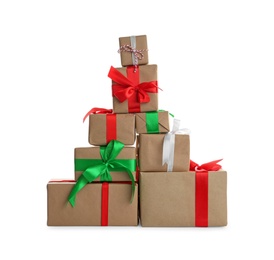 Photo of Different Christmas gift boxes on white background