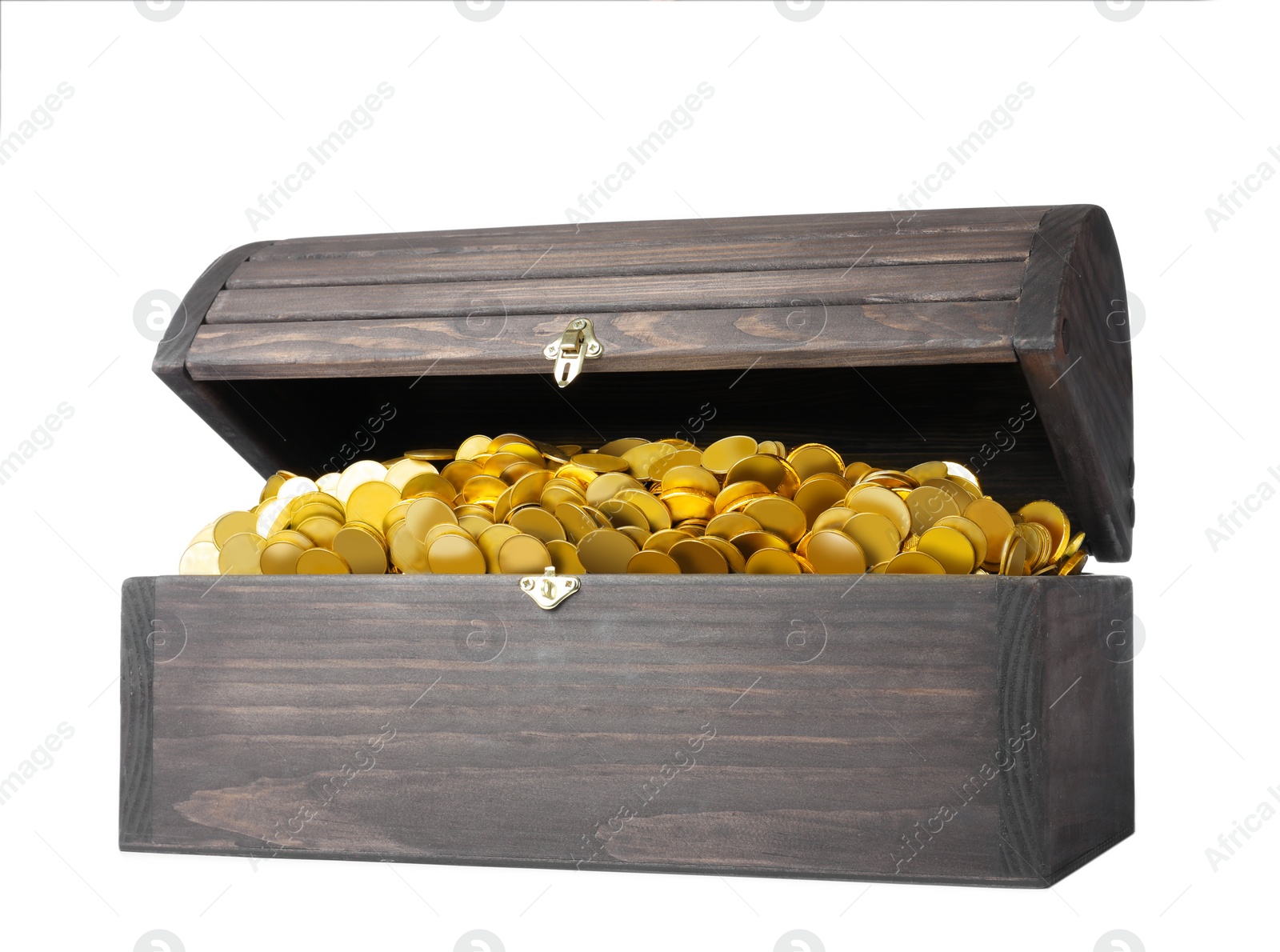 Image of Open treasure chest with gold coins isolated on white