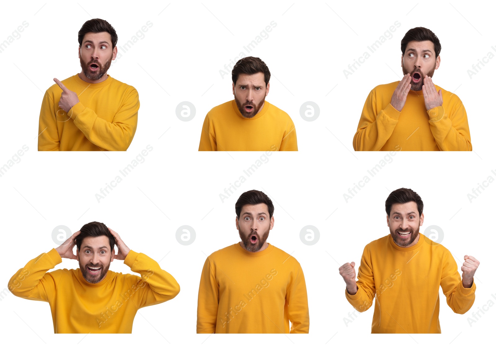 Image of Surprised man on white background, collage of photos