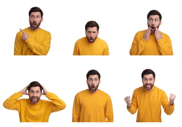 Surprised man on white background, collage of photos