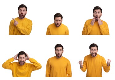 Image of Surprised man on white background, collage of photos