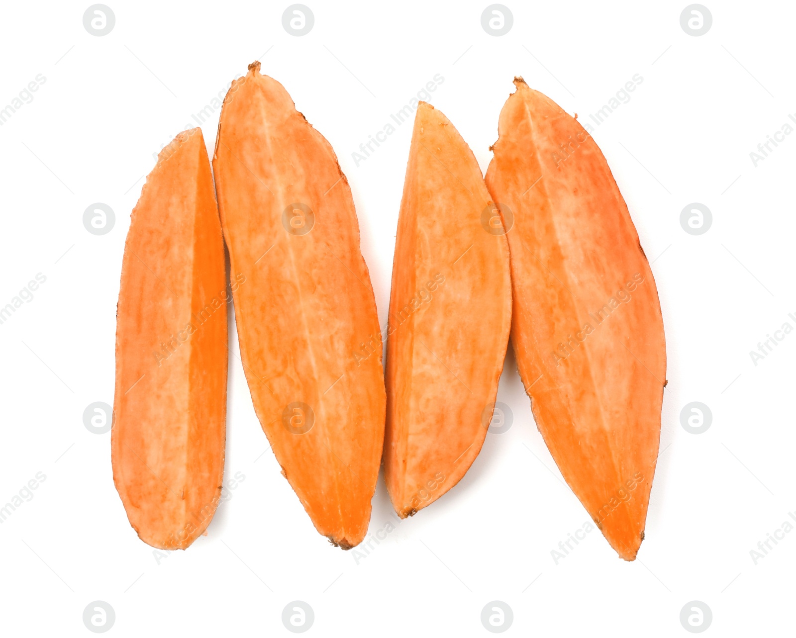 Photo of Cut fresh sweet potato on white background, top view