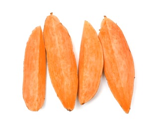 Photo of Cut fresh sweet potato on white background, top view