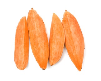 Cut fresh sweet potato on white background, top view