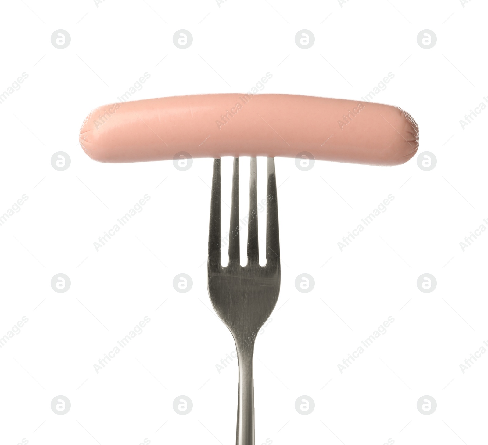 Photo of Fork with tasty cooked sausage on white background. Meat product