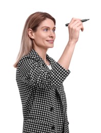 Photo of Beautiful happy businesswoman with marker on white background