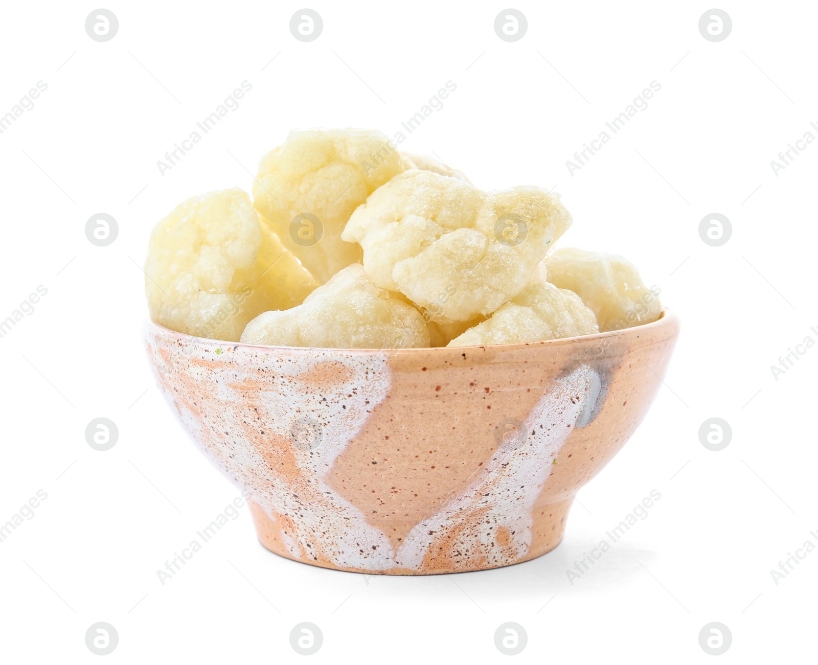 Photo of Bowl with frozen cauliflower on white background. Vegetable preservation