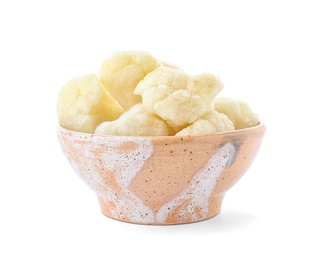 Photo of Bowl with frozen cauliflower on white background. Vegetable preservation