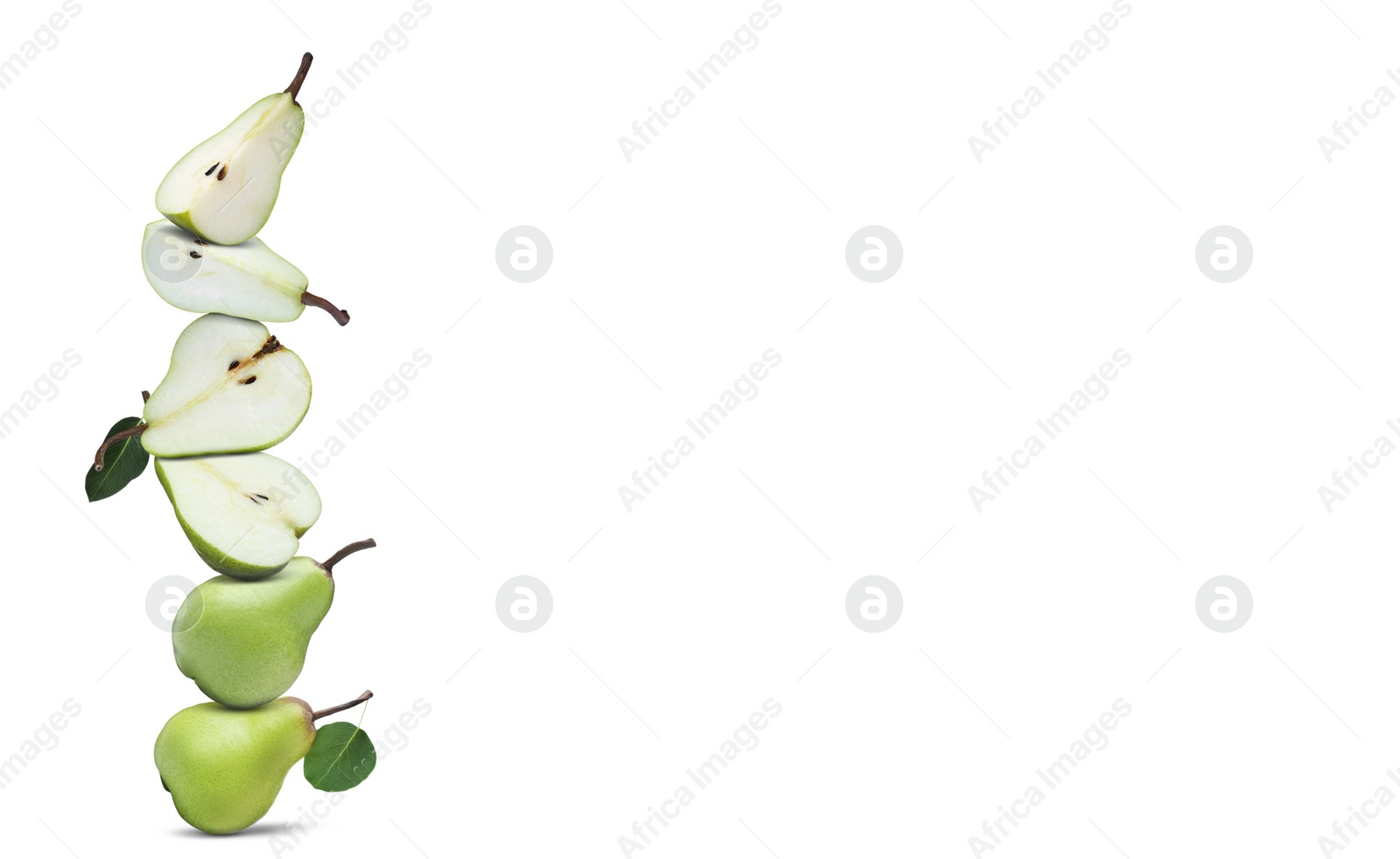 Image of Cut and whole fresh ripe pears on white background