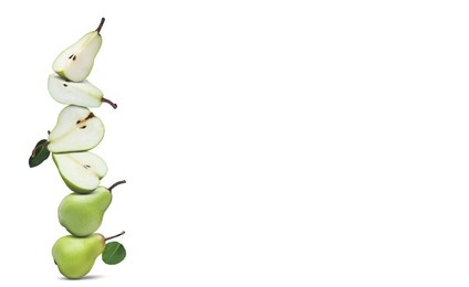 Image of Cut and whole fresh ripe pears on white background