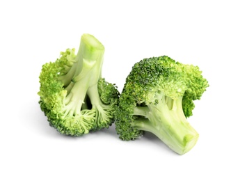 Photo of Fresh green broccoli on white background. Organic food