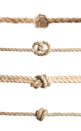 Set of hemp ropes with knots on white background