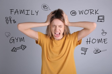 Image of Stressed young woman, text and drawings on grey background