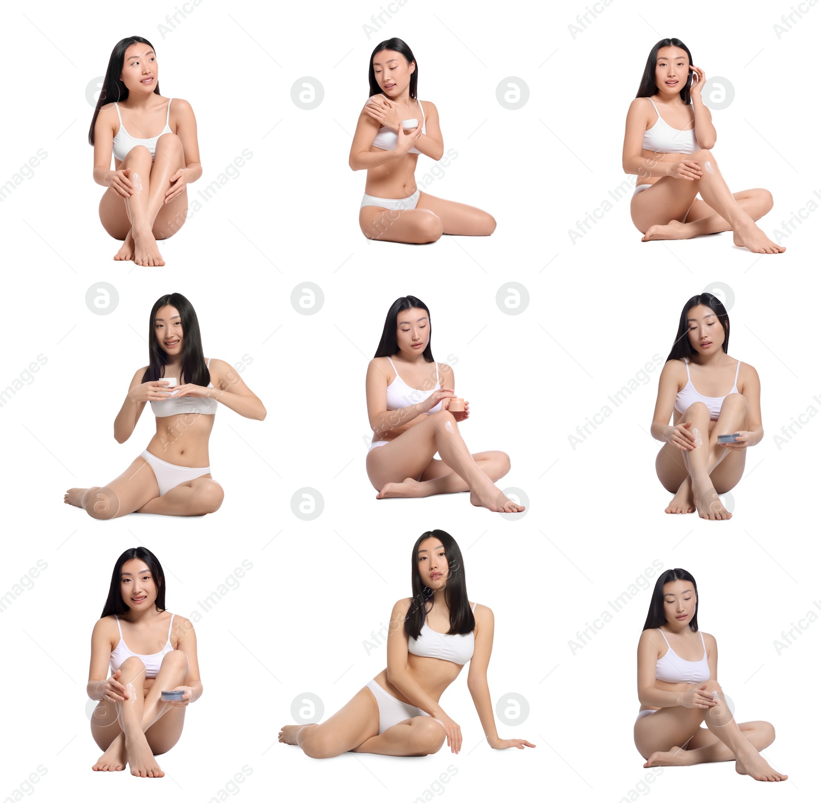 Image of Collage with photos of Asian woman applying body cream on white background