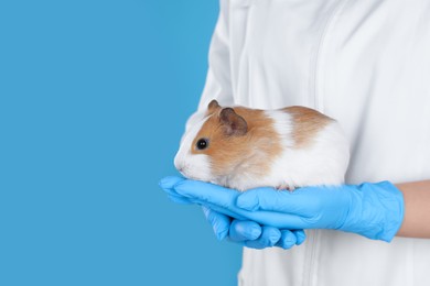 Scientist holding guinea pig on light blue background, closeup with space for text. Animal testing concept