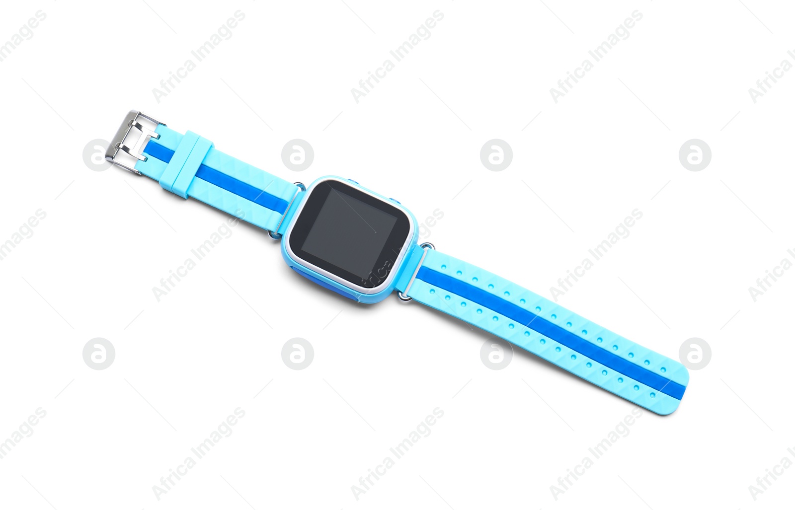 Photo of Modern stylish smart watch for kids isolated on white, above view