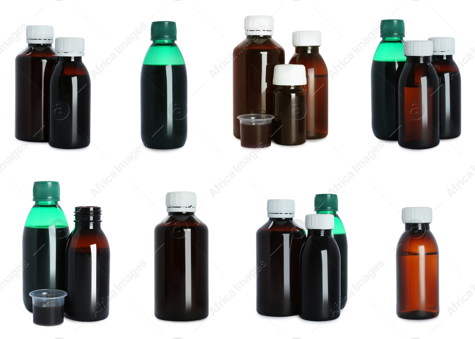 Image of Set with cough syrup on white background