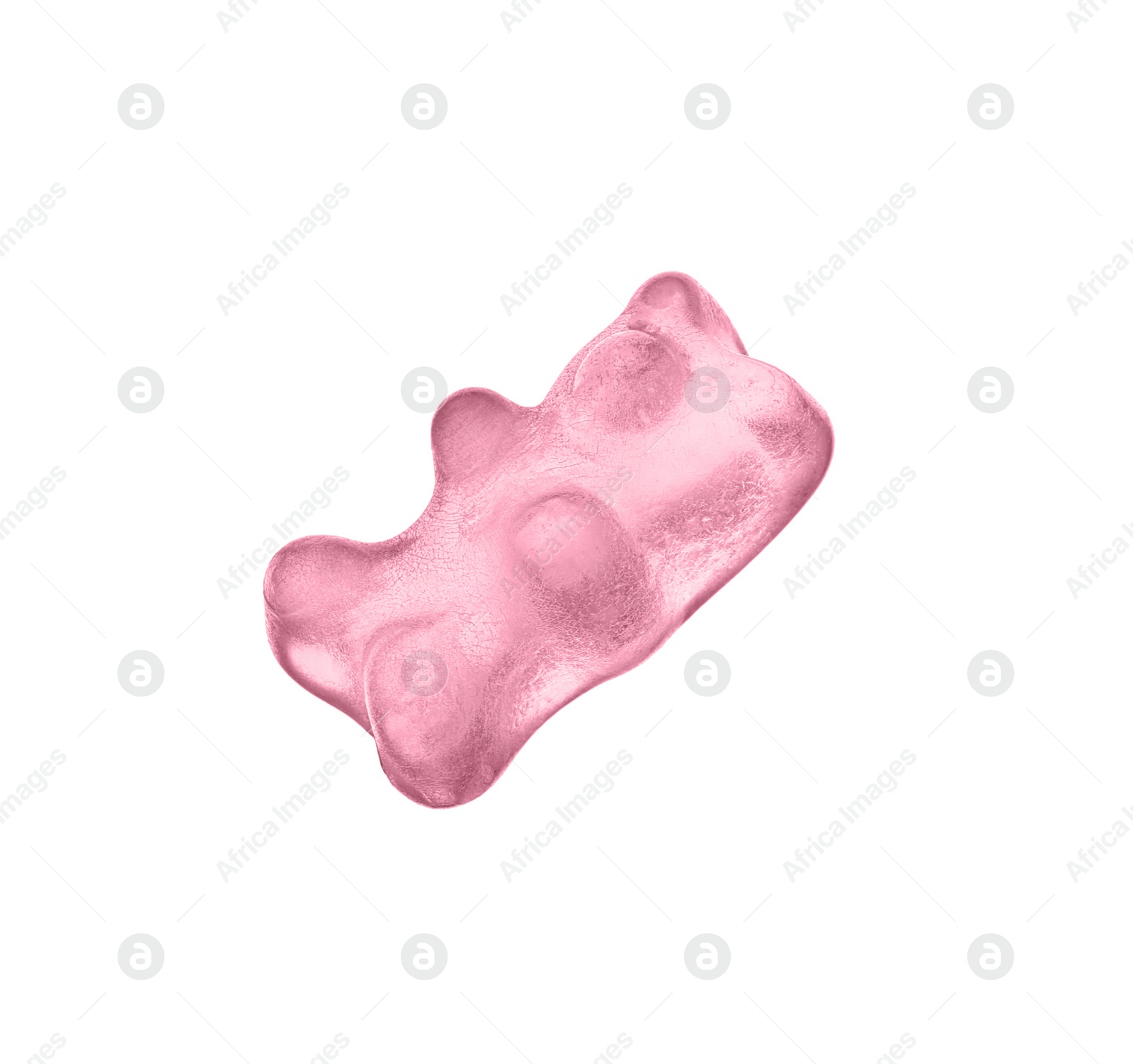 Photo of Delicious pink jelly bear on white background