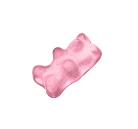 Photo of Delicious pink jelly bear on white background