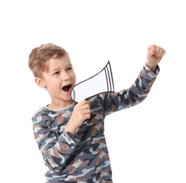 Photo of Cute little boy with paper megaphone on white background