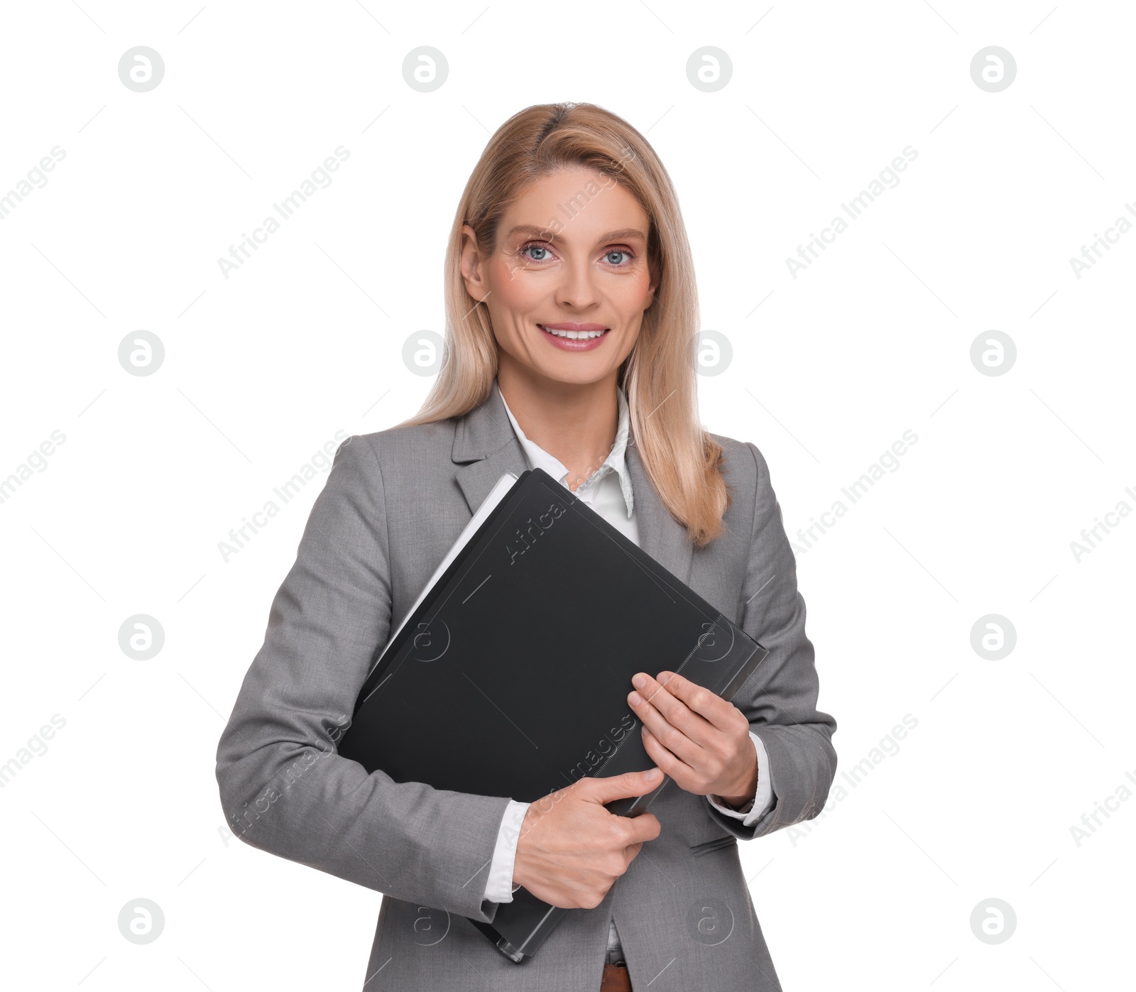 Photo of Portrait of smiling woman with folder on white background. Lawyer, businesswoman, accountant or manager