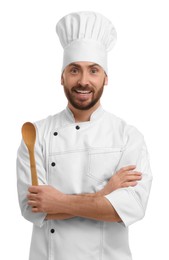 Photo of Smiling mature chef with spoon on white background
