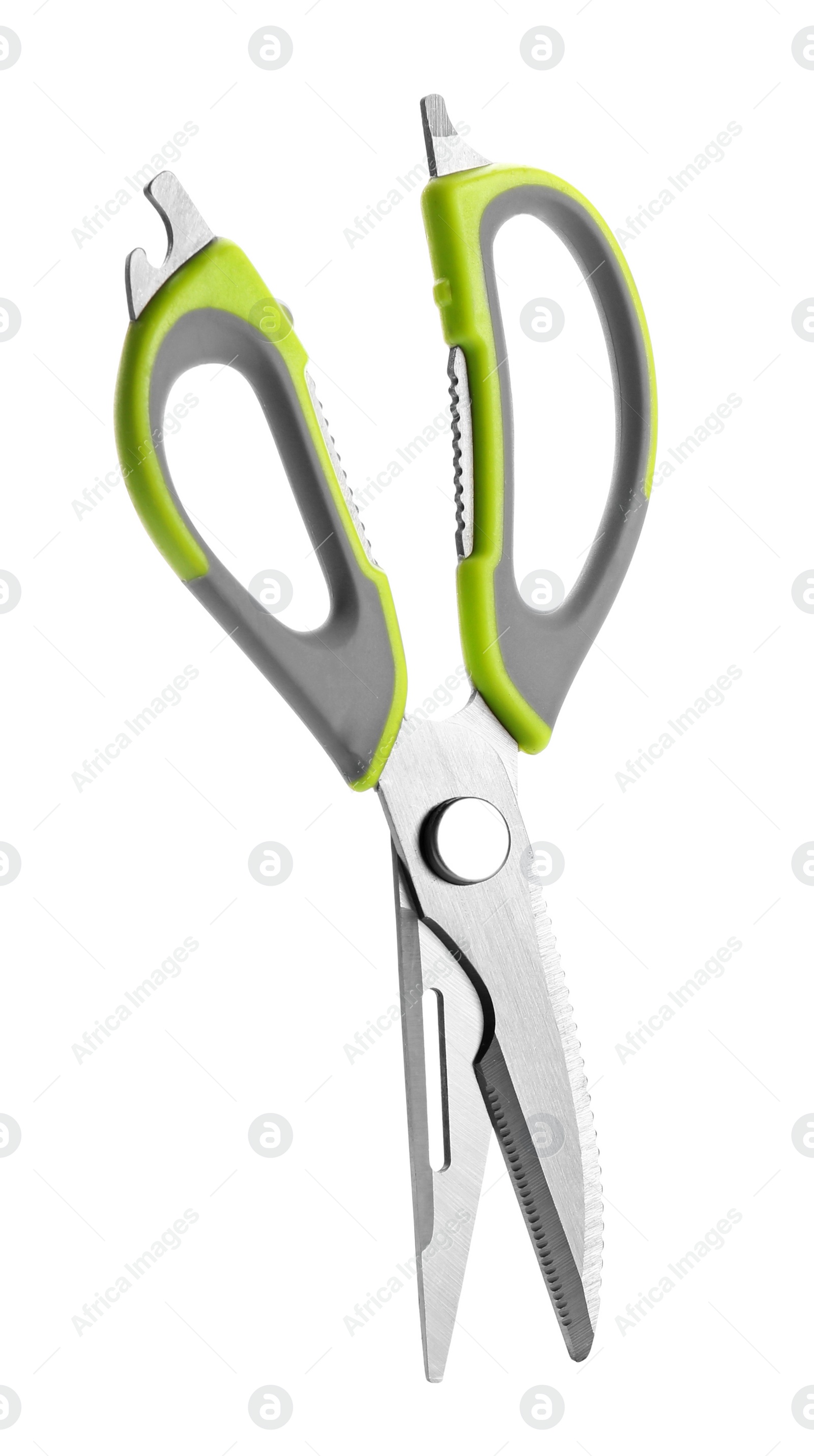 Photo of Pair of sharp scissors on white background