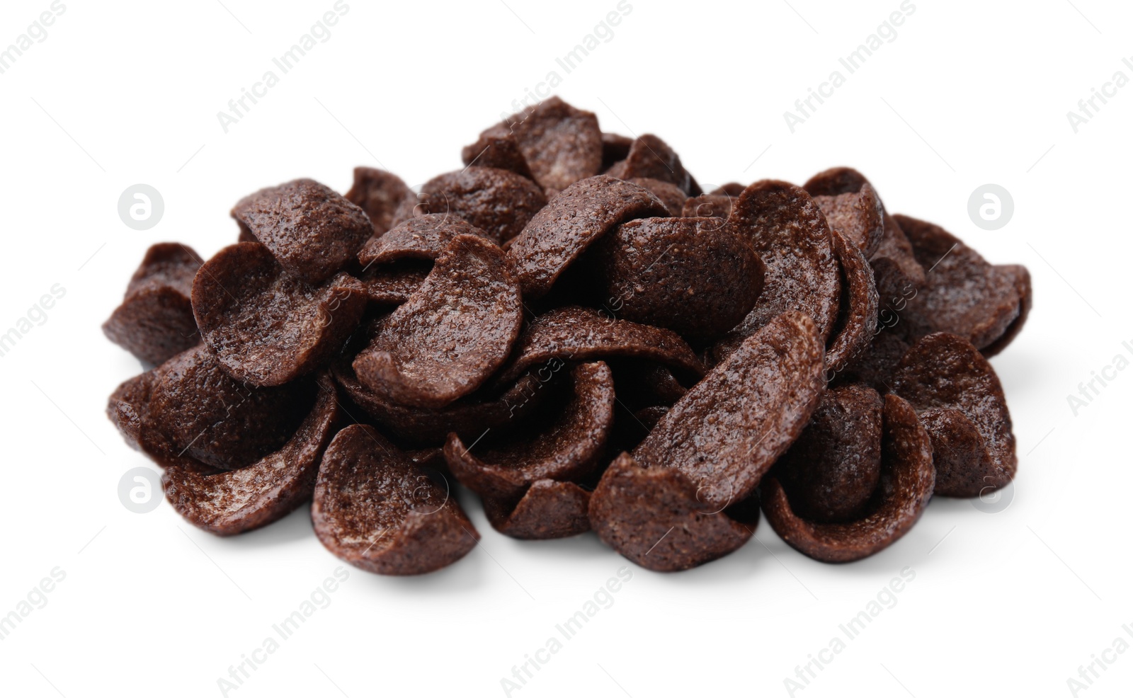 Photo of Breakfast cereal. Tasty chocolate corn flakes isolated on white