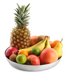 Tray with different ripe fruits on white background