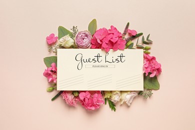 Image of Beautiful flowers and guest list on beige background, flat lay