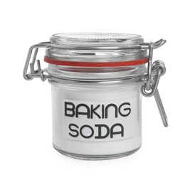 Photo of Closed jar of baking soda isolated on white