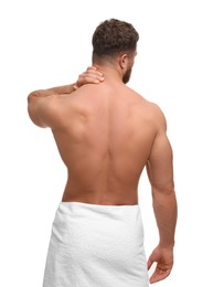 Photo of Man suffering from neck pain on white background, back view
