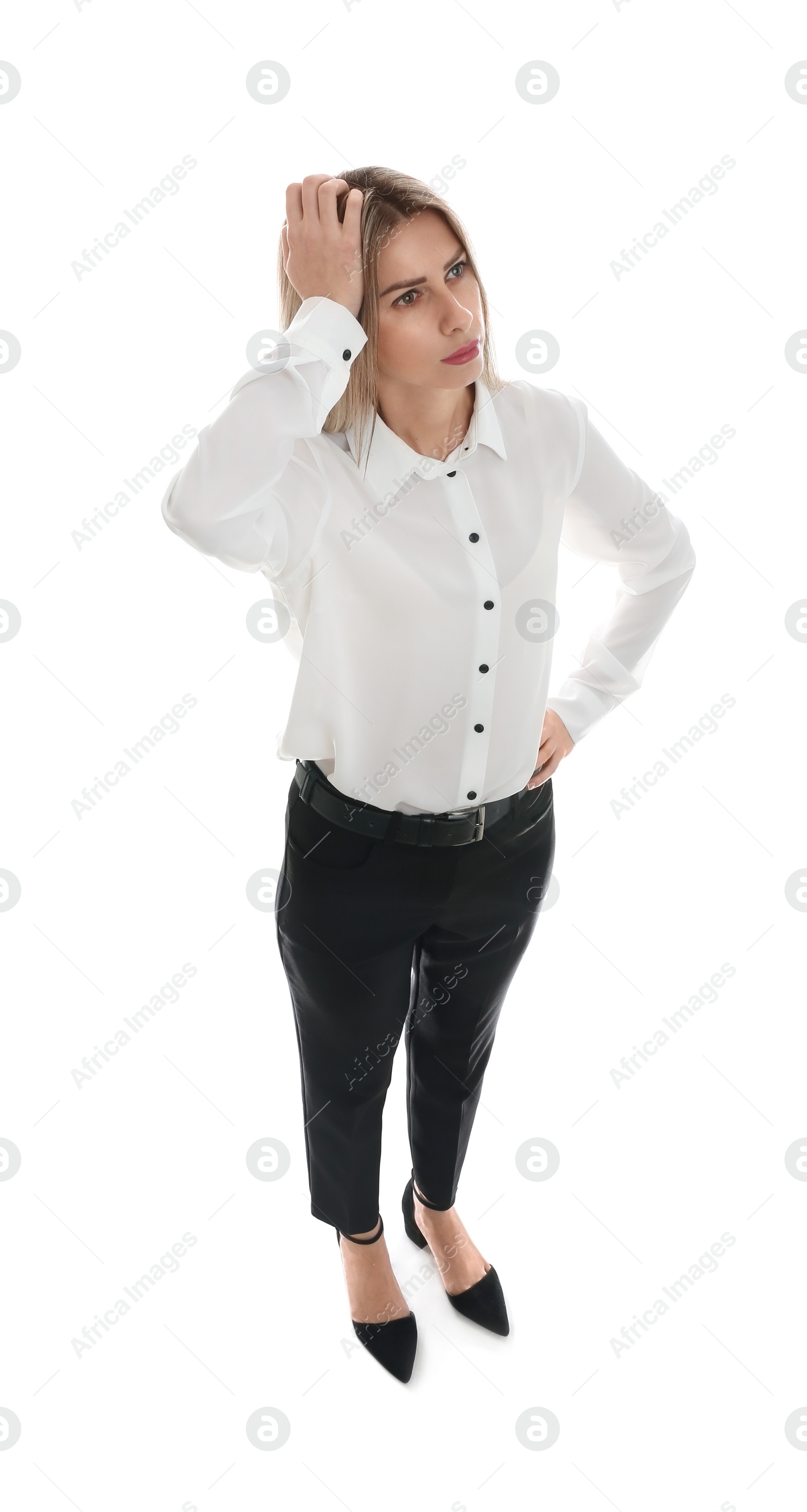 Photo of Young woman on white background, above view