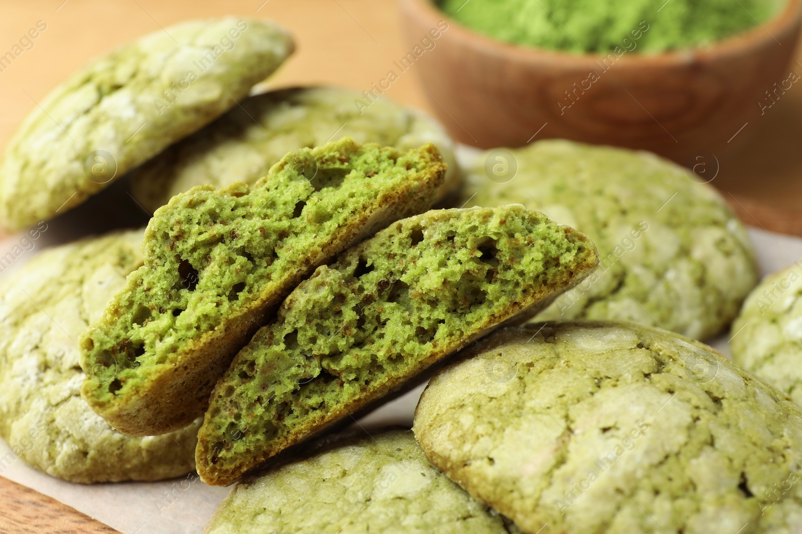Photo of Tasty matcha cookies on table, closeup view