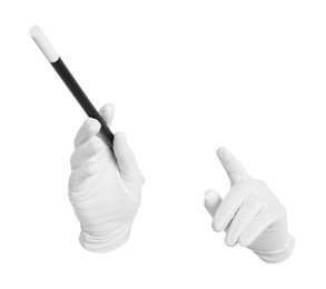 Magician with magic wand on white background, closeup